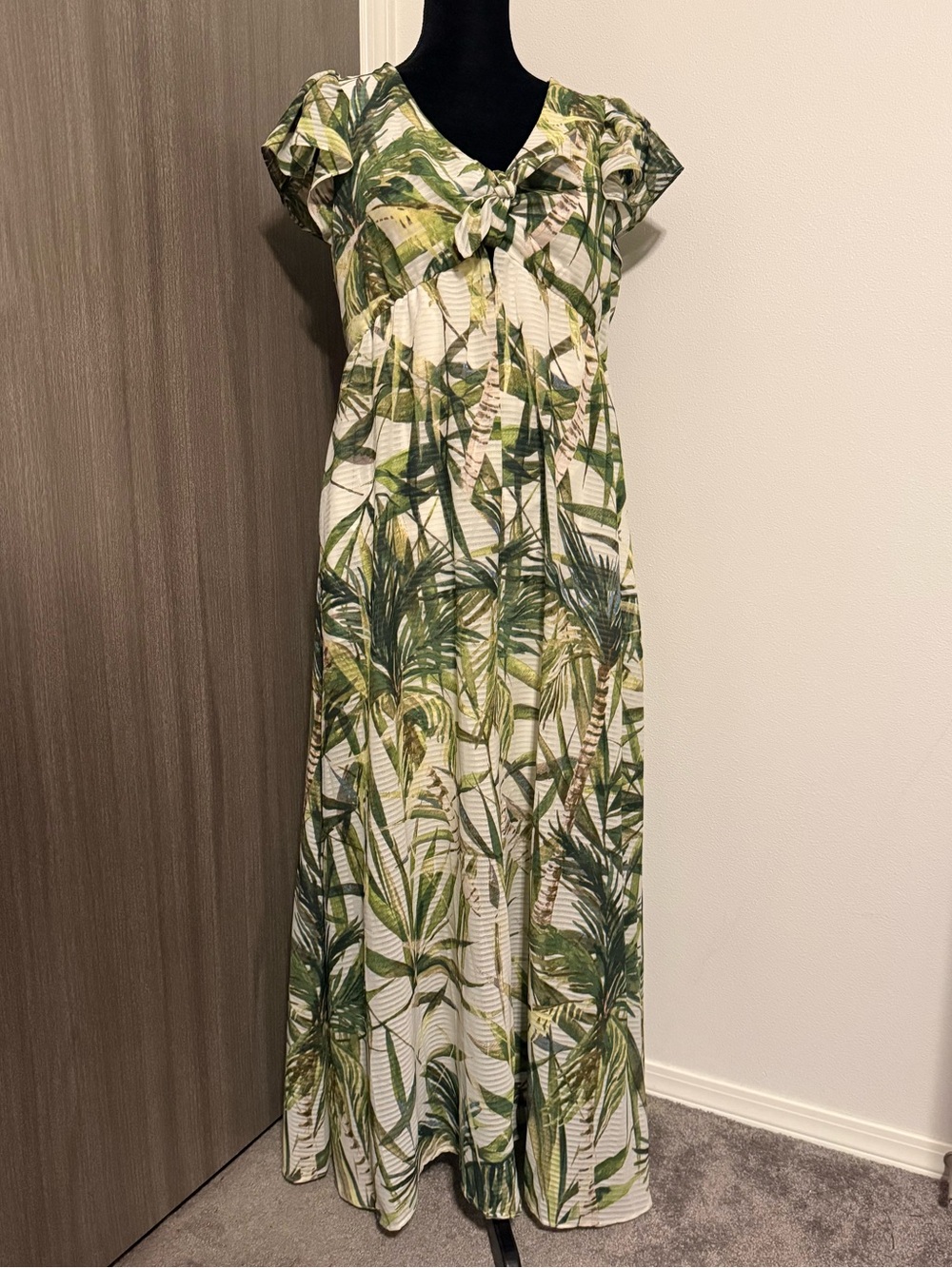 Taylor Green Palm-Print Maxi Dress with Ruffle Shoulders